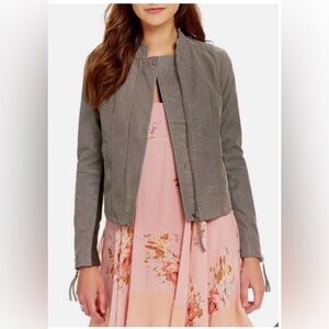 Free People Vegan Faux Leather Moto Jacket Size 8 Grey Knit Panels Boho